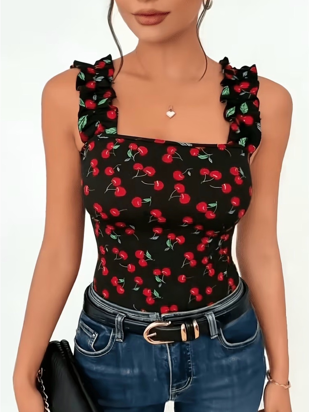 Black Cherry Print Ruffled Strap Tank Top